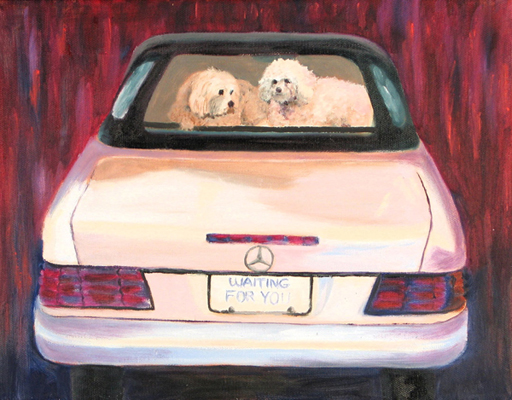 Animal portrait of dogs in car, by Elaine Davis